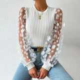 Women's Wear Mesh Small Flower And Snow-Flake Shirt Women 2025 Spring And Summer Round Collar Thin-Sleeved