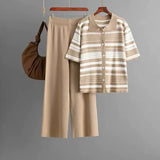 Women's Two-Piece Set Of Polo Tie Striped T-Shirt High-Waisted Broad Leg Pants Fashion