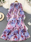 Vintage Women Floral Chiffon Midi Dress Elegant Ruffle Stand Collar Lantern Long Sleeve High Waist Big Swing Draped