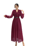 Autumn Station Temperament Retro Lotus Leaf Side Bubble Long Sleeve V Collar Thin A Word To Close The Waist 100-Fold