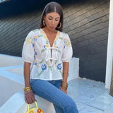 Women's V-Neck Tie With Printed Short-Sleeved Top - Explosive Long-Term Stocking Assured