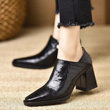 Brown 2025 New Spring And Autumn Square Wood Grain Thick Heel Deep Mouth Single Shoes Women's Side Zipper Work High