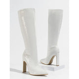 New Coarse Heel Medium Cylinder Elastic Inner Zipper Diamond Irregular Fashion Stone-Print Pointed Female