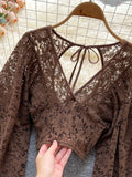 Black/White/Brown Sexy Lace Blouse Women Elegant V-Neck Puff Long Sleeve Open Back Short Tops Female Party Blusas