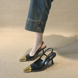 Summer New Metal Letter Iron Head Square Head High Heel Sandals Women Back Empty Fashion Black