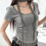 Hottie Style Solid Color Lace Splicing Short Sleeves Around The Neck Coat Folded Waist Collar Casual T-Shirt