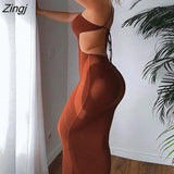 Women Fashion Solid Color Back Lace-up Bodycon Dress Sleeveless Backless Hanging Neck Casual Street Tight Long
