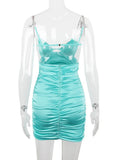 Quality Crystal Satin Bodycon Dress Summer Sexy Backless Dress Mini Ruched Beading Dress Birthday Prom Event Party