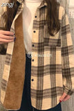 Thick Women Plaid Shirts Korean Winter Warm Fleece Button Up Tops Vintage Turn Down Collar Loose Casual Woolen Female