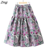 Flower Skirts Women Summer French Retro Elegant Aesthetic Jacquard High-waisted Long Midi Pleated A-Line Skirt