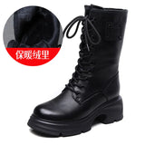 Layer Of Cowhide English Wind In The Wind Boots Women Autumn And Winter New Round Head With Thick Base Martin Boots Plus Cotton