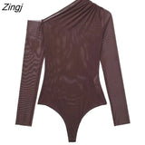 Women Sexy Solid Asymmetrical Mesh Yarn Slim Bodysuits Ladies Long Sleeve Off Shoulder Playsuits Mujer Rompers