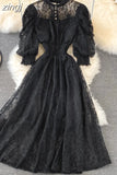 Women Lace Dress Spring Summer Elegant Stand Collar Puff Sleeve High Waist Party Vestidos Female Runway Robe 2023