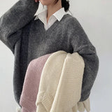 Solid Color V-Neck Oversized SweaterOutfit
