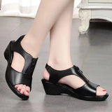 Women 2025 New Fish Mouth Leather Slope And Soft Soles Of The Elderly Sandals Fashion Zipper Middle-Aged Mother
