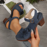 Slope And Thick-Soled Sandals Women's Shoes Coarse Heel Large-Size Flower Decoration A Word With Lattice High
