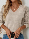 And Winter Sweater Women's Clothing Solid Color Knitting Long-Sleeved Hooks And Flowers Loose V-Neck Bottom
