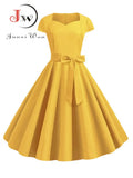 Women Vintage Dress 50S 60S Short Sleeve Casual Elegant Retro Office Party Midi Dress Robe Femme Solid