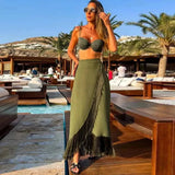 Sexy Solid Three Piece Bikini Set Padded Bra Tassel High Waist Beach Skirt Swimwear Summer Beach Holiday Bathing