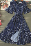 Women Blue/Green/Pink Polka Dot Dress 2023 Vintage High Waist A-line Ladies Vestidos Verano Casual V-neck Dresses