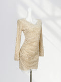 Zingj Lined Elegant French V Collar Sequin Wrapped Hip Skirt Slim Pleated Long Sleeve Skirt Gold Wind Velvet