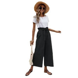 New Women's Summer Loose Waist Solid Cotton Belt Broad Leg Pants Loose Nine-Point Trousers