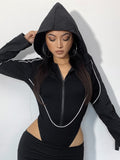 Streetwear Cargo Style Hooded Black Bodysuit Women Stripe Stitching Zipper Bodycon Body Fashion Moto Autumn