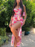 Floral Print Slip V Neck Backless Slit Sexy Bodycon Maxi Prom Dress Summer Women Elegant Outfit Streetwear Party