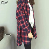 Women Classic Long Plaid Vintage Simple Student Korean Style Womens Shirts All-match Casual Soft Harajuku Fashion