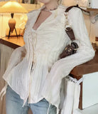 Front Tie Ruffle Long Sleeves BlouseOutfit
