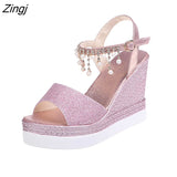 New Women Wedge Sandals Summer Bead Studded Detail Platform Sandals Buckle Strap Peep Toe Thick Bottom Casual Shoes