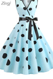 Women 2023 Summer Polka Dot Vintage Dress Sexy Deep V Neck Sleeveless Party Sundress Elegant Casual Belt Beach