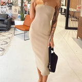 Women Strapless Bodycon Ribbed Knitting Dress Summer Solid Color Off Shoulder Calf Length Dress for Party