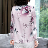 Silk Blouses Women Satin Print Blouse Women Long Sleeve Shirts Woman V-neck Silk Blouses Ladies Floral Blouse for