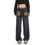 Zingj New Niche Design Contrast Jeans Women's High Street Blue Fur Mop Wide Leg