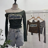 Girls Letter Sticker Leopard Long-Sleeved T-Shirt 2025 Autumn New Thin Short Top