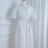 High-End Temperament Dress 2025 Summer Fashion Strap To Waist Single Buckle Embroidery Mesh Long Dress