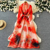 Dress Women's Fashion Collared Belt Long Pressured Folding Printing