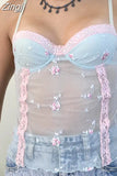 Y2K Women Camis Spaghetti Strap Lace Patchwork Embroidery Flowers See-through Summer Tank Tops V-neck Mini Vest