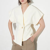 Commuter Wind 2025 New V Neck Short Sleeve Waist A Button Door Skirt Asymmetric Thin Pure Color Vest