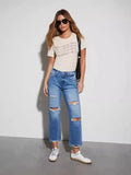 Spring And Summer Show Thin Broken Hole Straight Tube Slim Nine Points Of Jeans-Outfit
