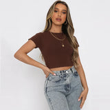Zingj Fashion Solid Color Short Crop Casual Jacket Elastic Slim Round Collar T Shirt
