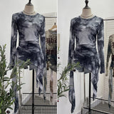 Shooting Babes Long Sleeves And Jersey Net Yarn Dye Printing Irregular Lotus Leaf Edge Ribbon Folding Top
