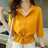 Women Solid Turn-down Collar Half Sleeve Chiffon Shirt Fashion Casual Shirring Single-breasted Blouses Female