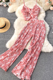 Women Sexy Printed Two Piece Set Beach Female Strap Camis Tops + Draped Wide Leg Pants Black/Red/Blue/Yellow Suits