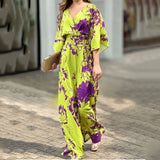 New Women's Wear In Fashion Elegant Print Bat Sleeves V-Neck Women's Jumpsuit Women