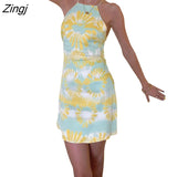 Women’s Summer Casual Suspender Dress Fresh Flower Print Sleeveless Backless Halter Short