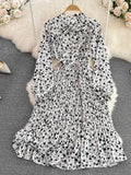 Women Floral Pleated Dress Elegant Bow Collar Flare Long Sleeve High Waist A-Line Ruffle Draped Vestidos Female Robe