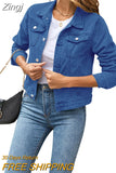 Women's Solid Color Denim Jacket Casual Long Sleeve Button Down Chest Pocket Jean Jacket Autumn
