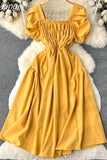 Vintage Women Square Collar Draped Dress Eleagant Puff Short Sleeve High Waist A-Line Knee-Length Robe Female New